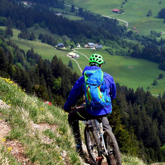 Mountainbiker blickt auf das Tal aus den Allgäuer Alpen