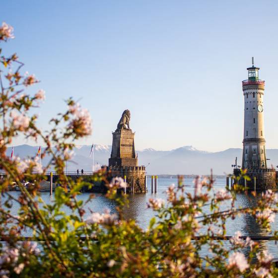 Blick auf den Bodensee mit Leuchtturm