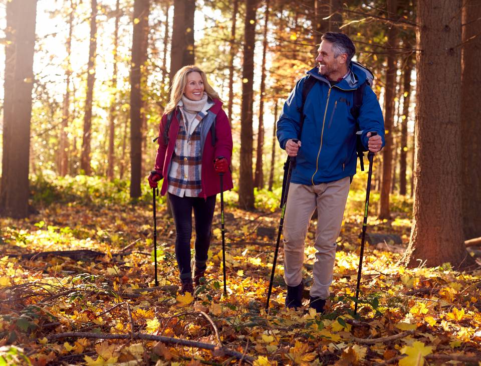Paar läuft durch den Wald im Herbst